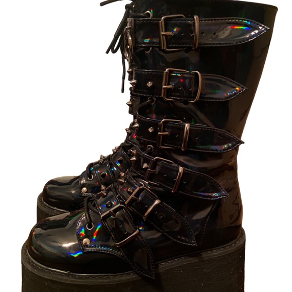 DEMONIA BOOTS DAMNED 225 BLACK HOLOGRAM KNEE HIGH MID-CALF PLATFORM BOOTS SIZE 8 - Picture 3 of 8